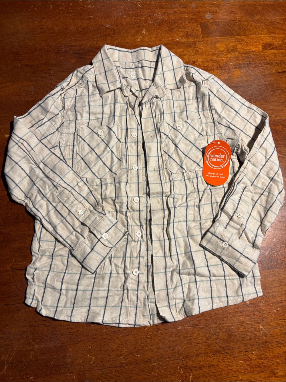 Wonder Nation Cream Shirt with Navy Windowpane Plaid
